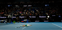 SANTOS BRANDING PROVIDED THE BACKDROP FOR NOVAK DJOKOVIC'S WIN LAST YEAR AT THE AUSTRALIAN OPEN. AAP: DAVE HUNT.